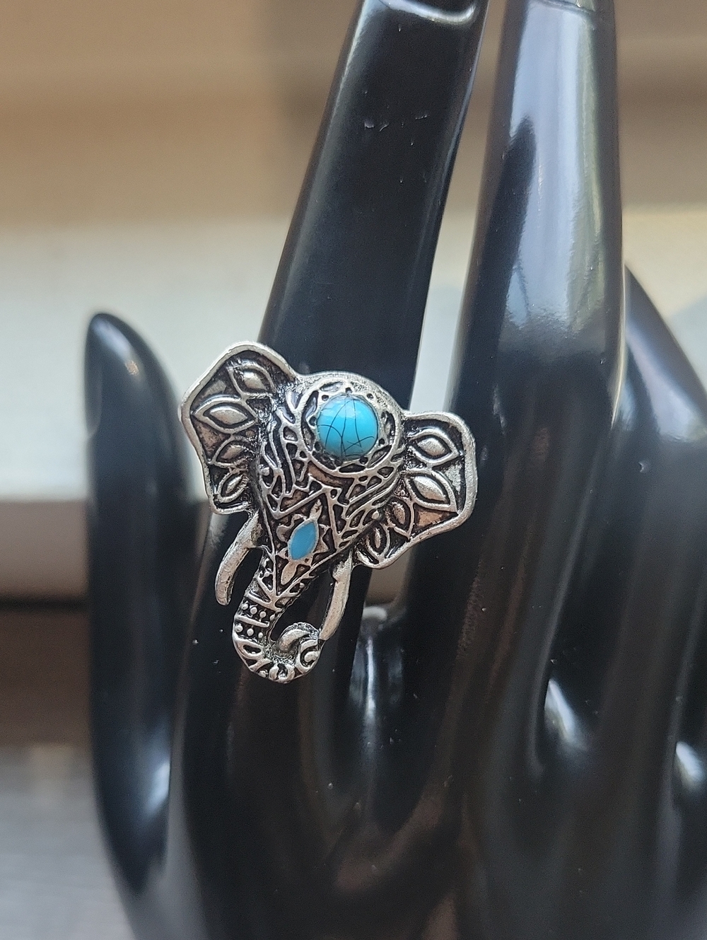Adjustable Silver Elephant Ring with Blue Howlite